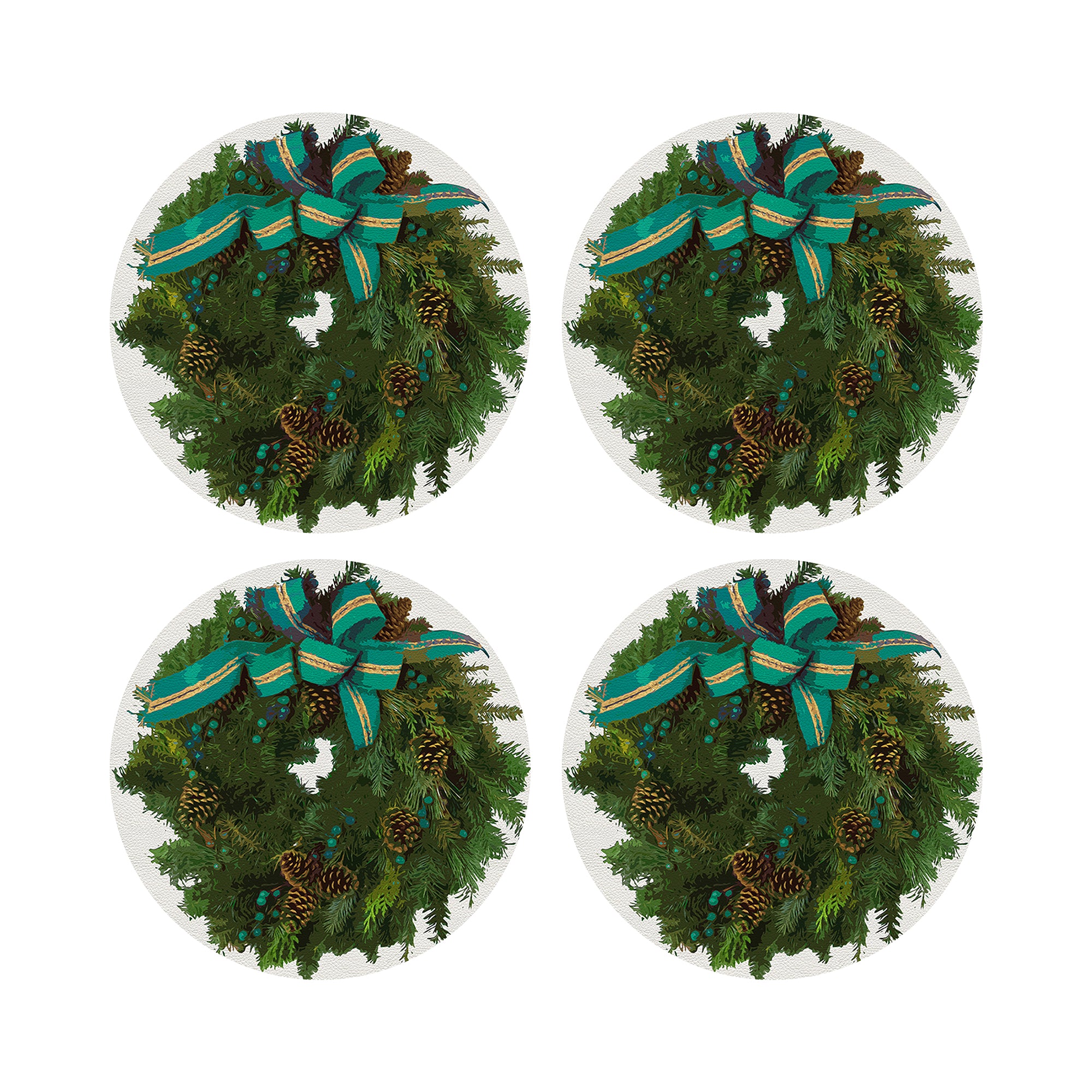 Christmas Wreath White Verdigris 16&quot; Round Pebble Placemats, Set of 4 - nicolettemayer.com
