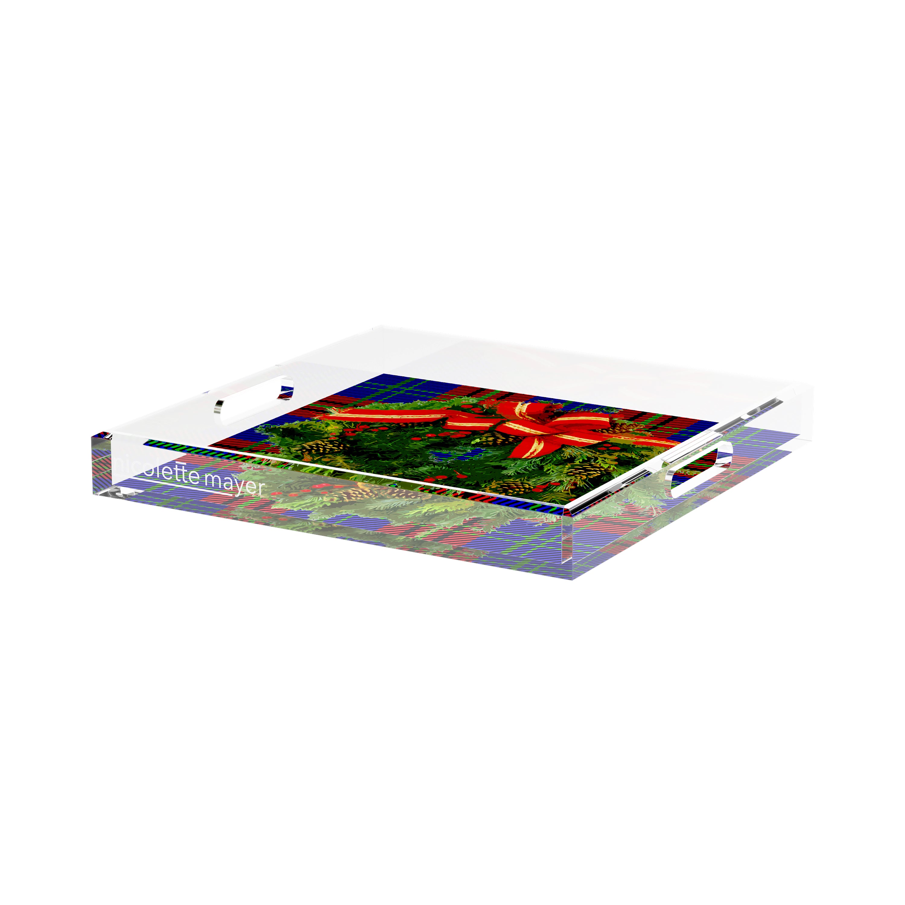 Christmas Wreath Tartan Green 15X15 Acrylic Tray - nicolettemayer.com
