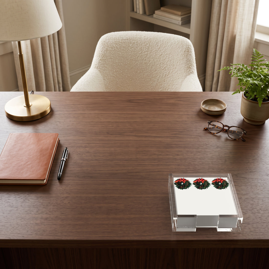 Christmas Wreath White note cards in a clear acrylic holder on a walnut desk by Nicolette Mayer