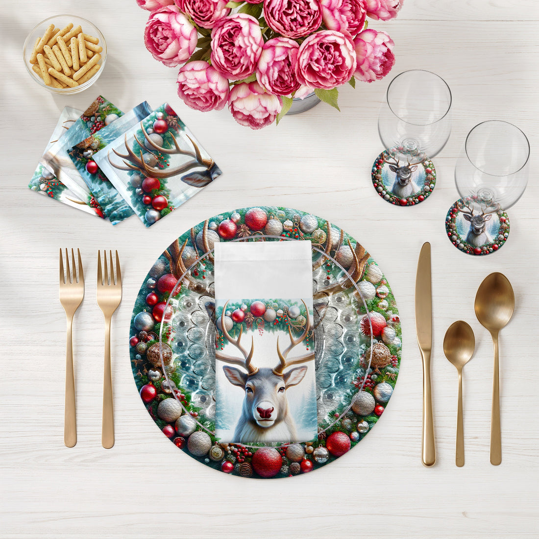 Claus Reindeer Vegan Leather Round Pebble Placemat