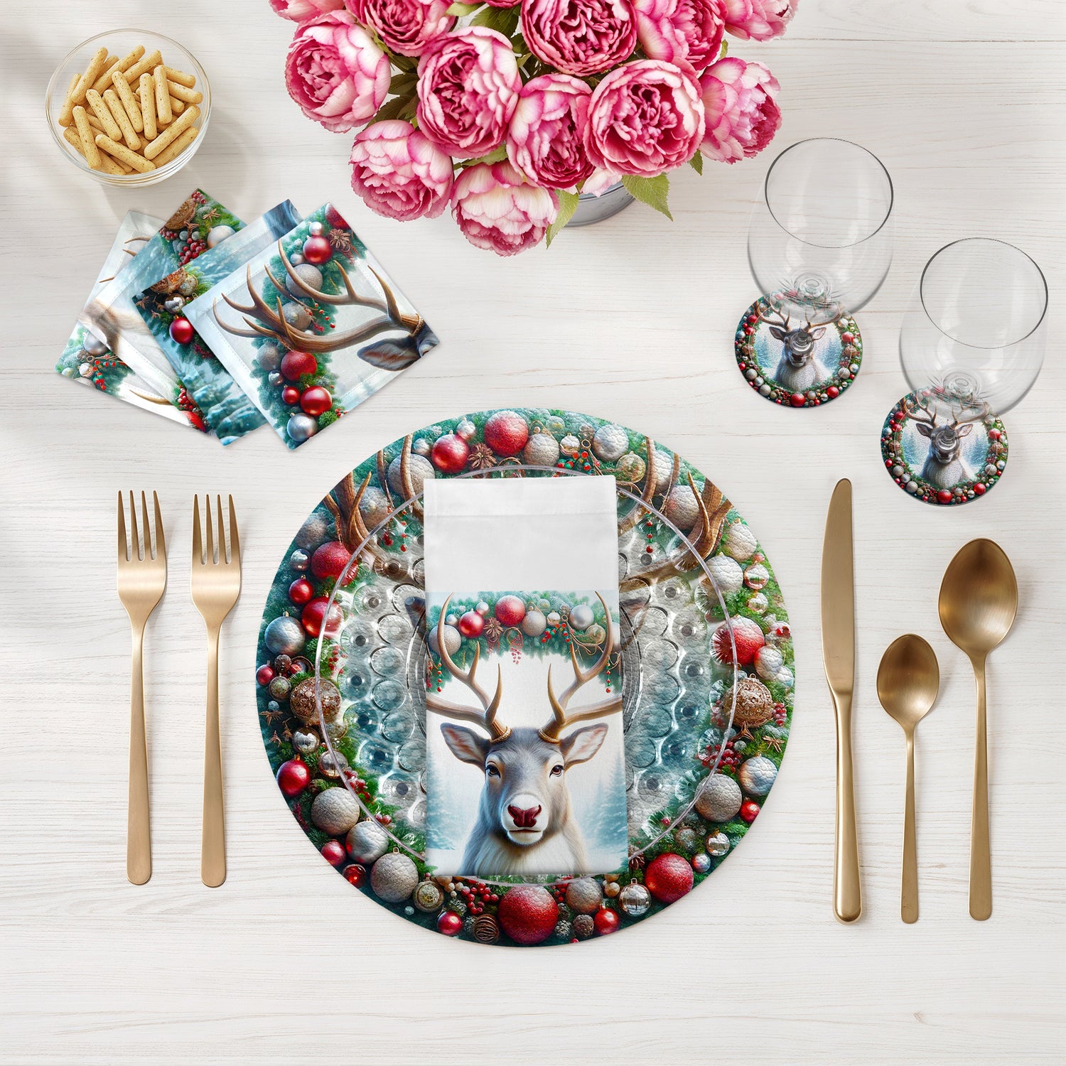 Claus Reindeer Vegan Leather Round Pebble Placemat