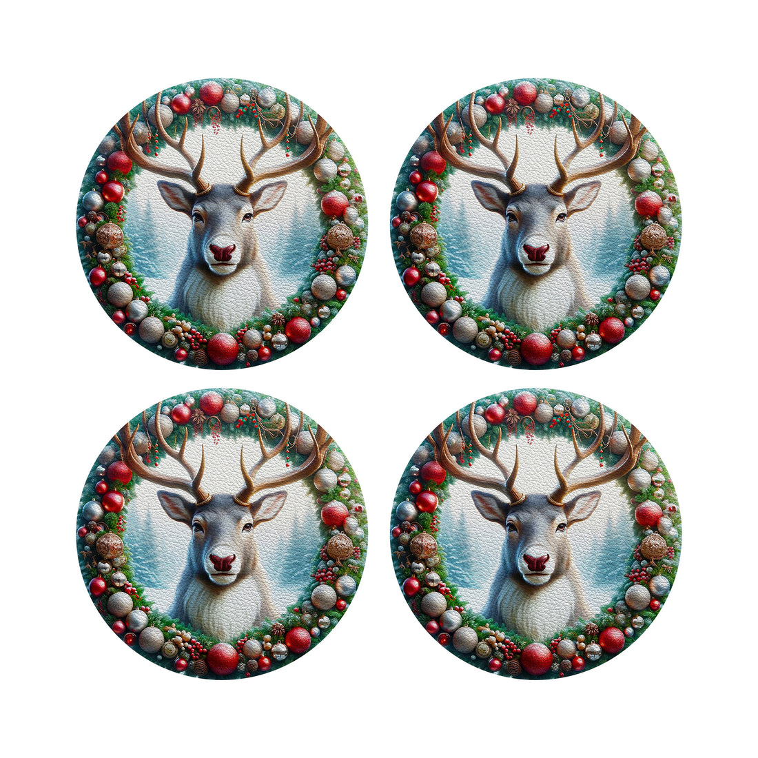 Claus Reindeer Vegan Leather Round Coasters