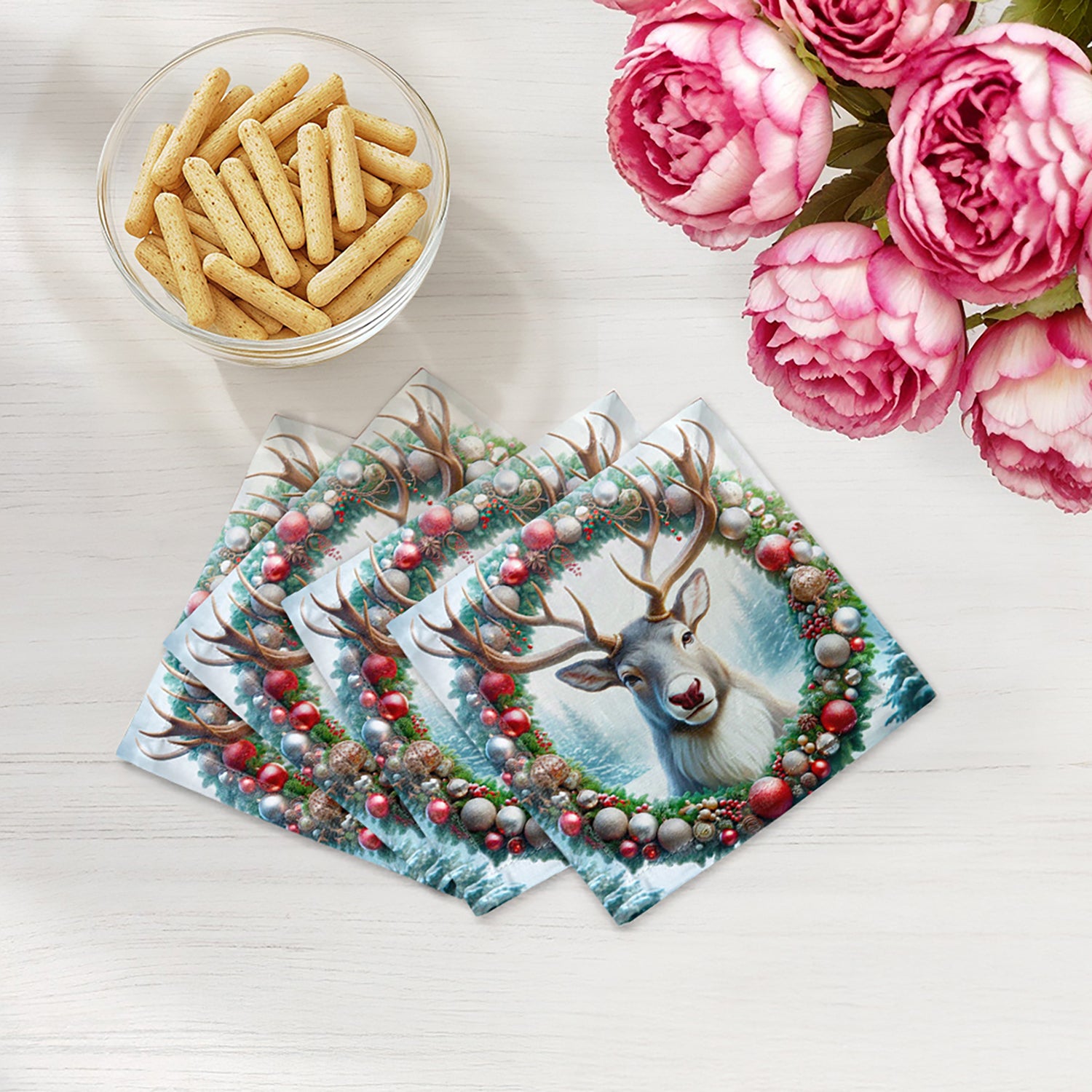 Claus Reindeer Cotton Sateen Cocktail Napkins