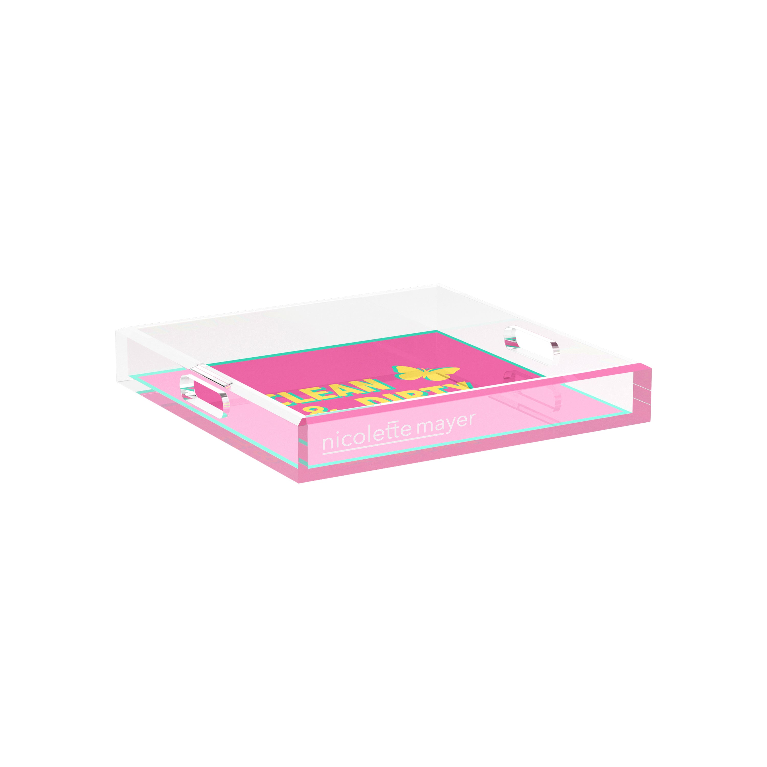 Canasta Clean and Dirty Pink Yellow 12X12 Acrylic Tray - nicolettemayer.com 