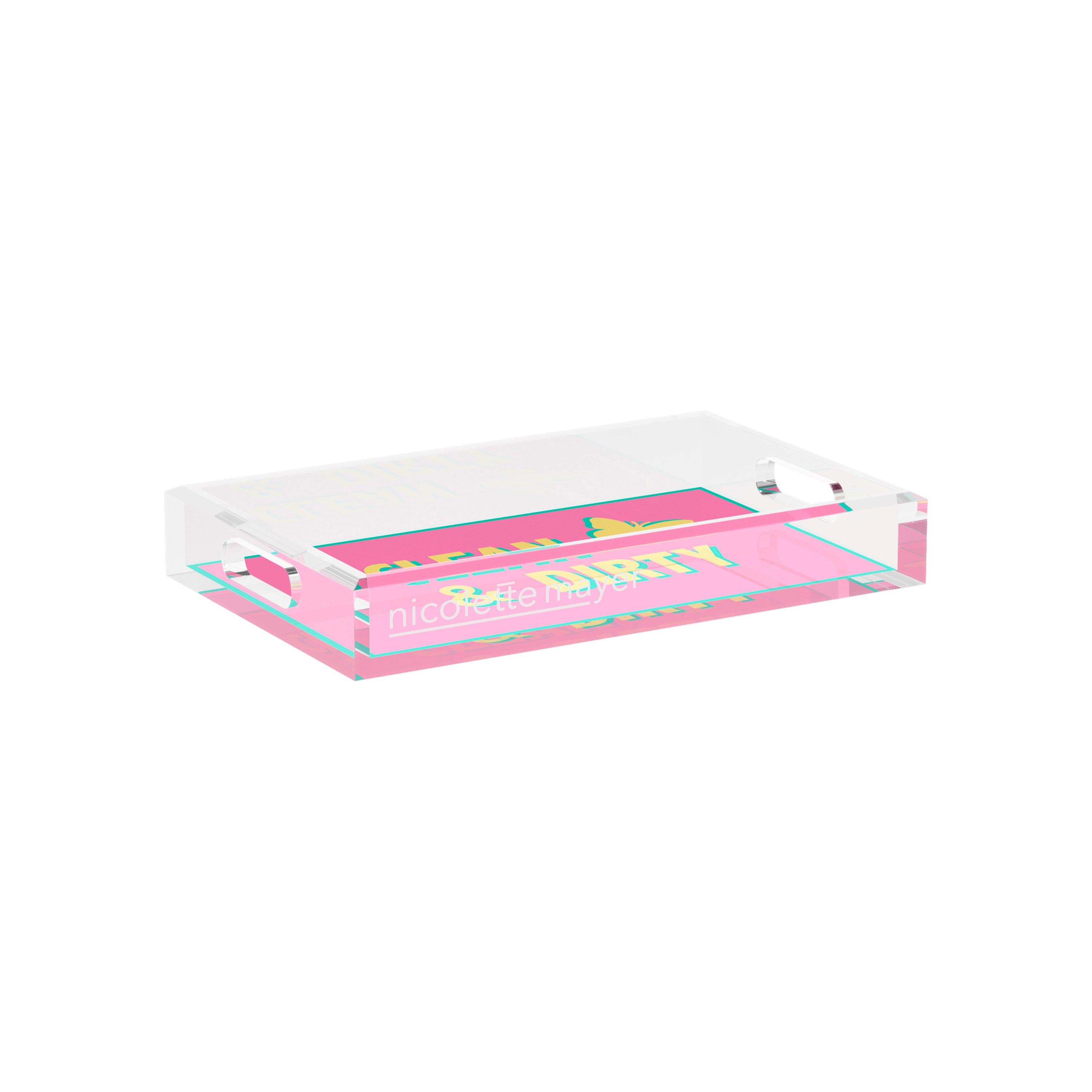 Canasta Clean and Dirty Pink Yellow 12.5x7.75 Acrylic Tray - nicolettemayer.com 