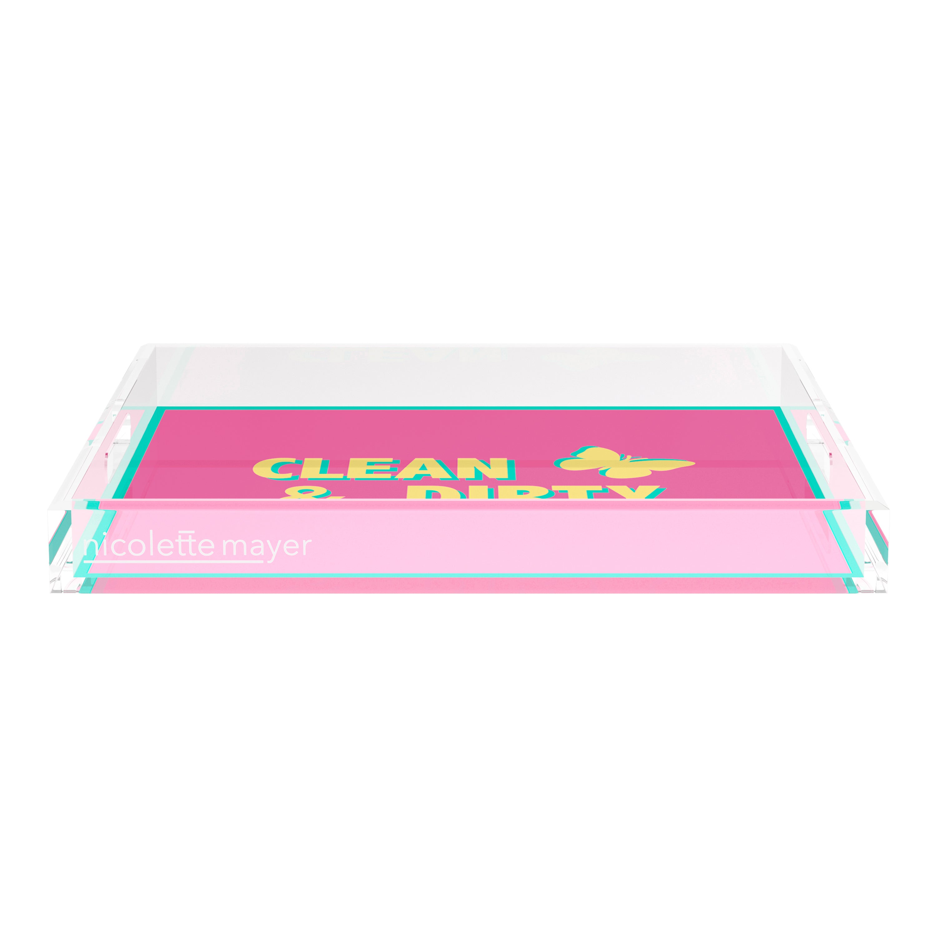 Canasta Clean and Dirty Pink Yellow 18X18 Acrylic Tray - nicolettemayer.com 