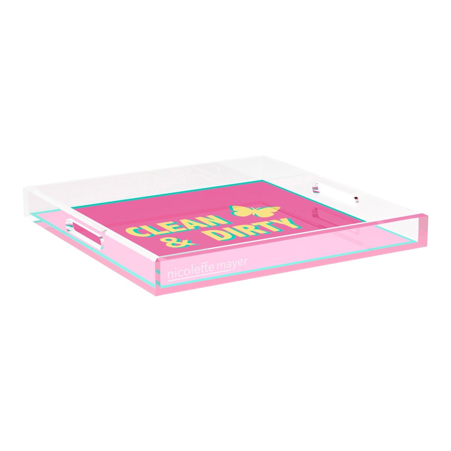 Canasta Clean and Dirty Pink Yellow 18X18 Acrylic Tray - nicolettemayer.com 
