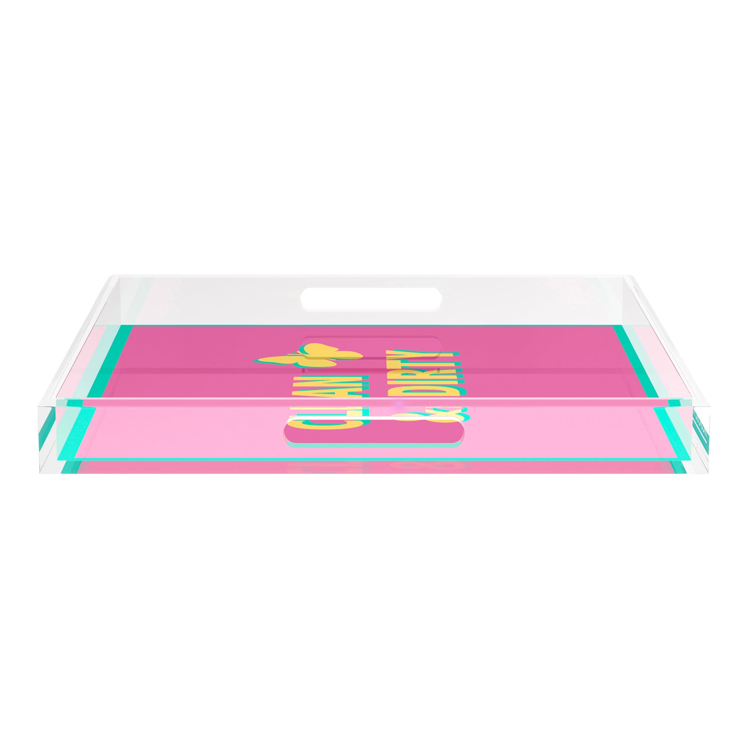 Canasta Clean and Dirty Pink Yellow 18X18 Acrylic Tray - nicolettemayer.com 