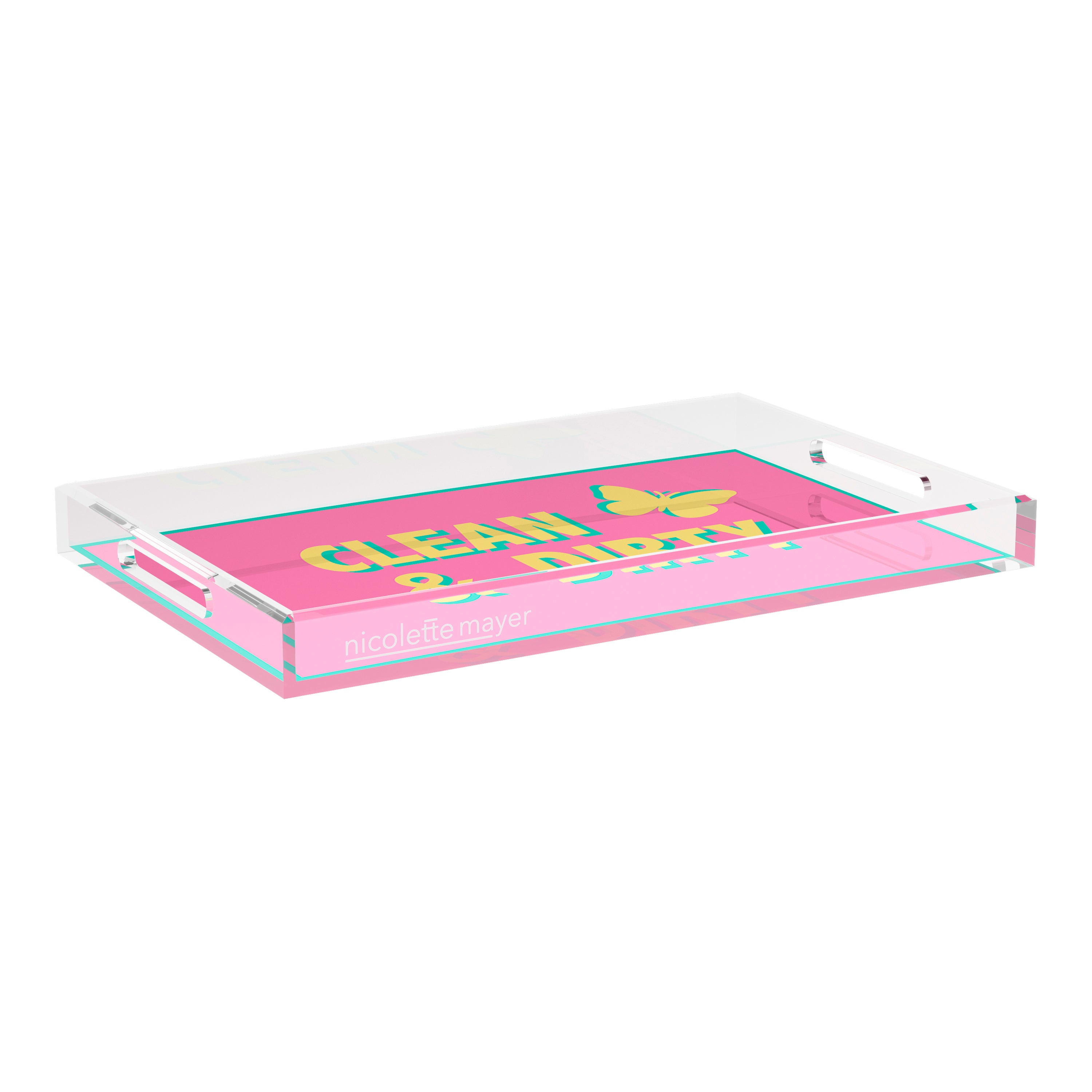 Canasta Clean and Dirty Pink Yellow 22.5x14.5 Acrylic Tray - nicolettemayer.com 