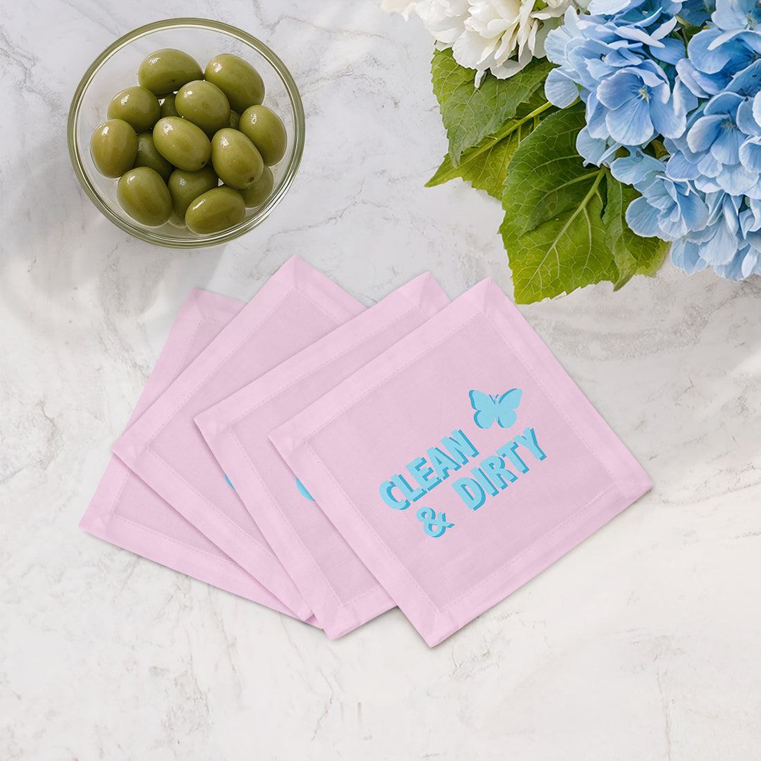 Clean And Dirty Pale Pink Blue Cotton Sateen Cocktail Napkins - nicolettemayer.com