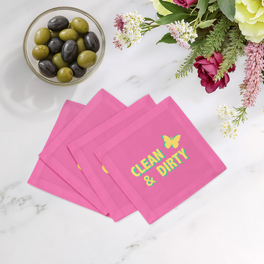 Clean And Dirty Pink Yellow Cotton Sateen Cocktail Napkins - nicolettemayer.com