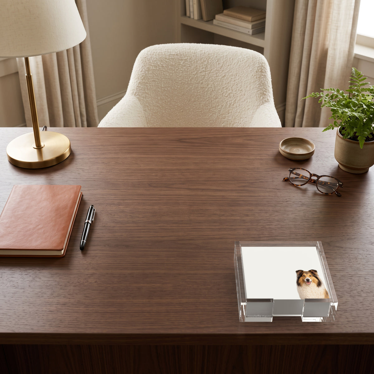 Collie dog note cards in a clear acrylic holder on a walnut desk, by Nicolette Mayer