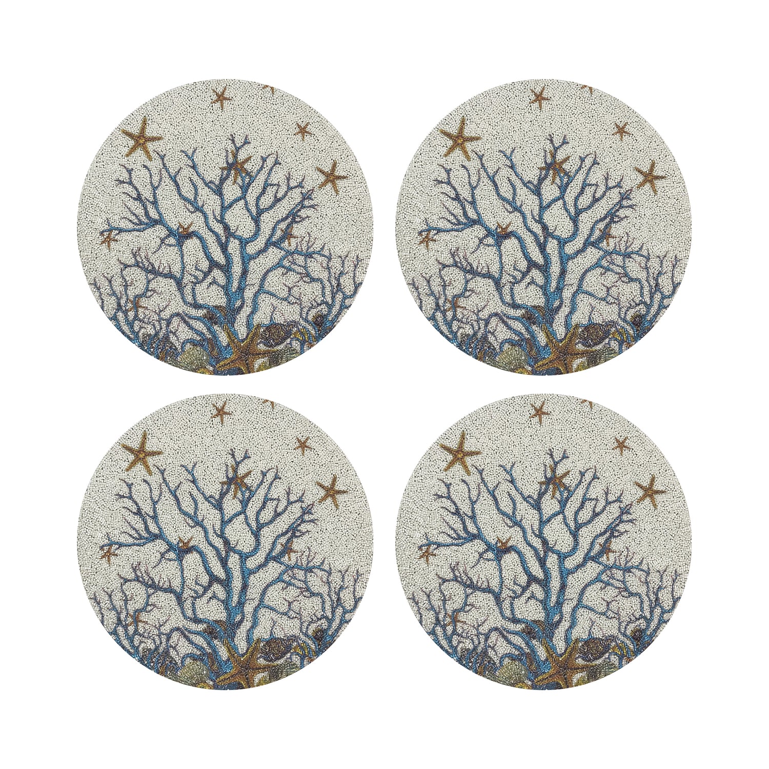 Coral Reef White Turq Round Beaded Placemat Rough Cut