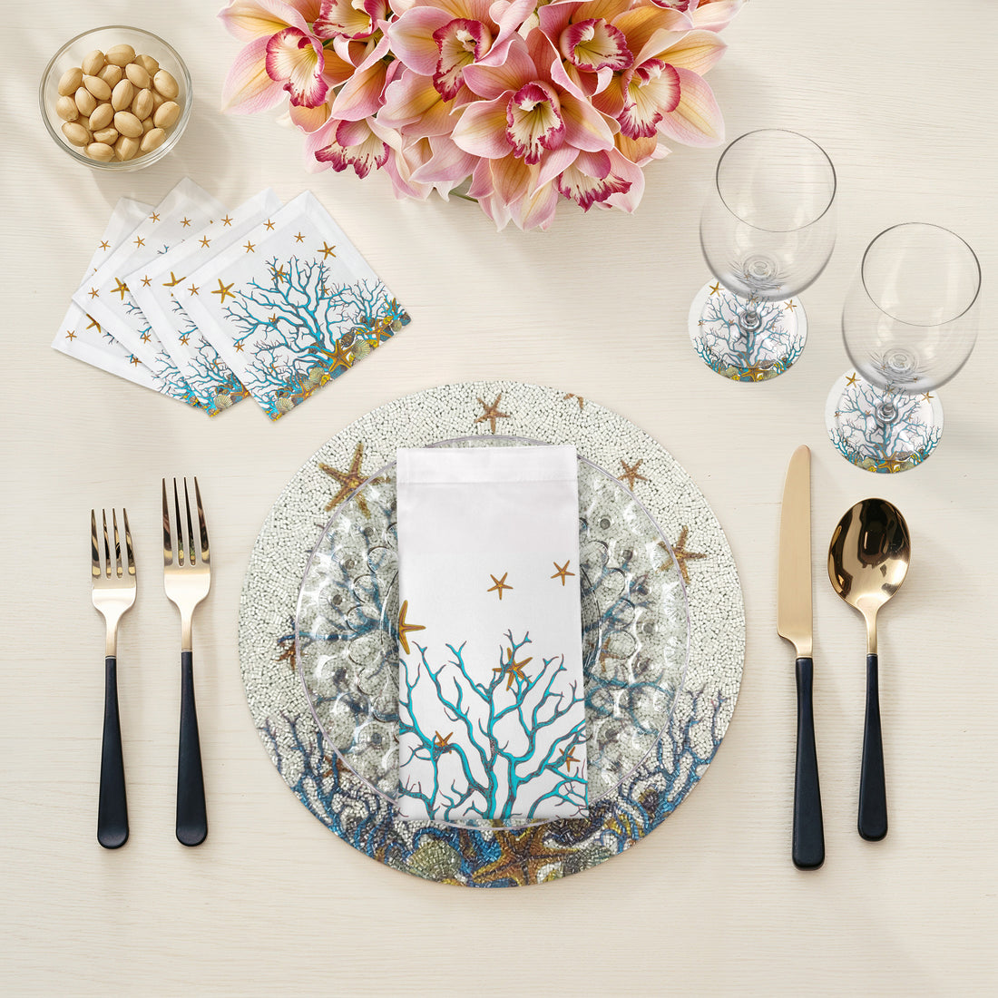 Coral Reef White Turq Round Beaded Placemat Rough Cut - nicolettemayer.com