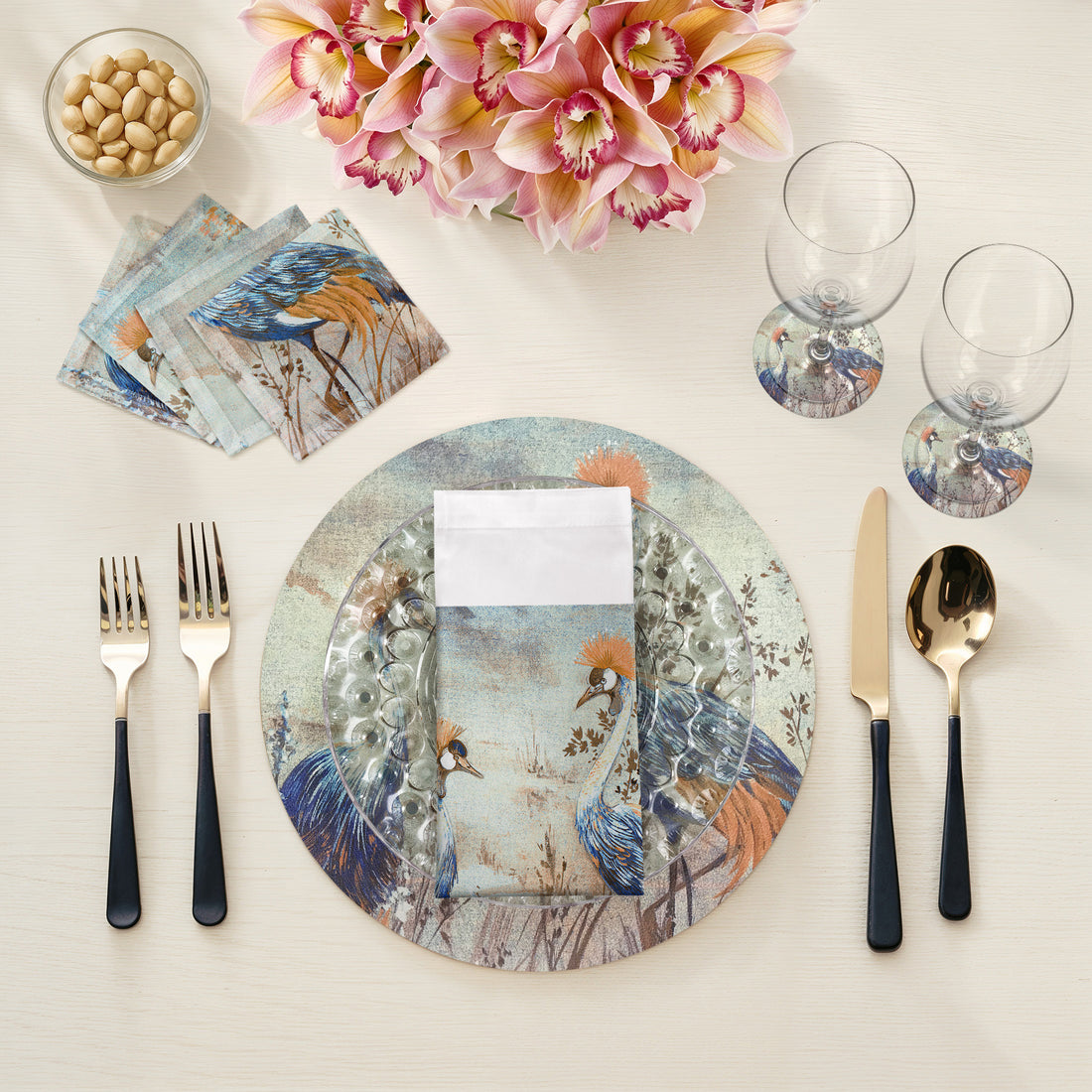 Crested Crane Burnt Vegan Leather Round Pebble Placemat - nicolettemayer.com