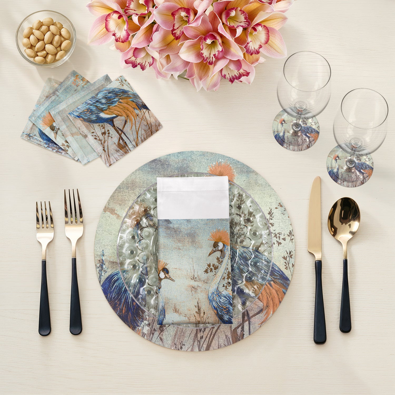 Crested Crane Burnt Vegan Leather Round Pebble Placemat - nicolettemayer.com