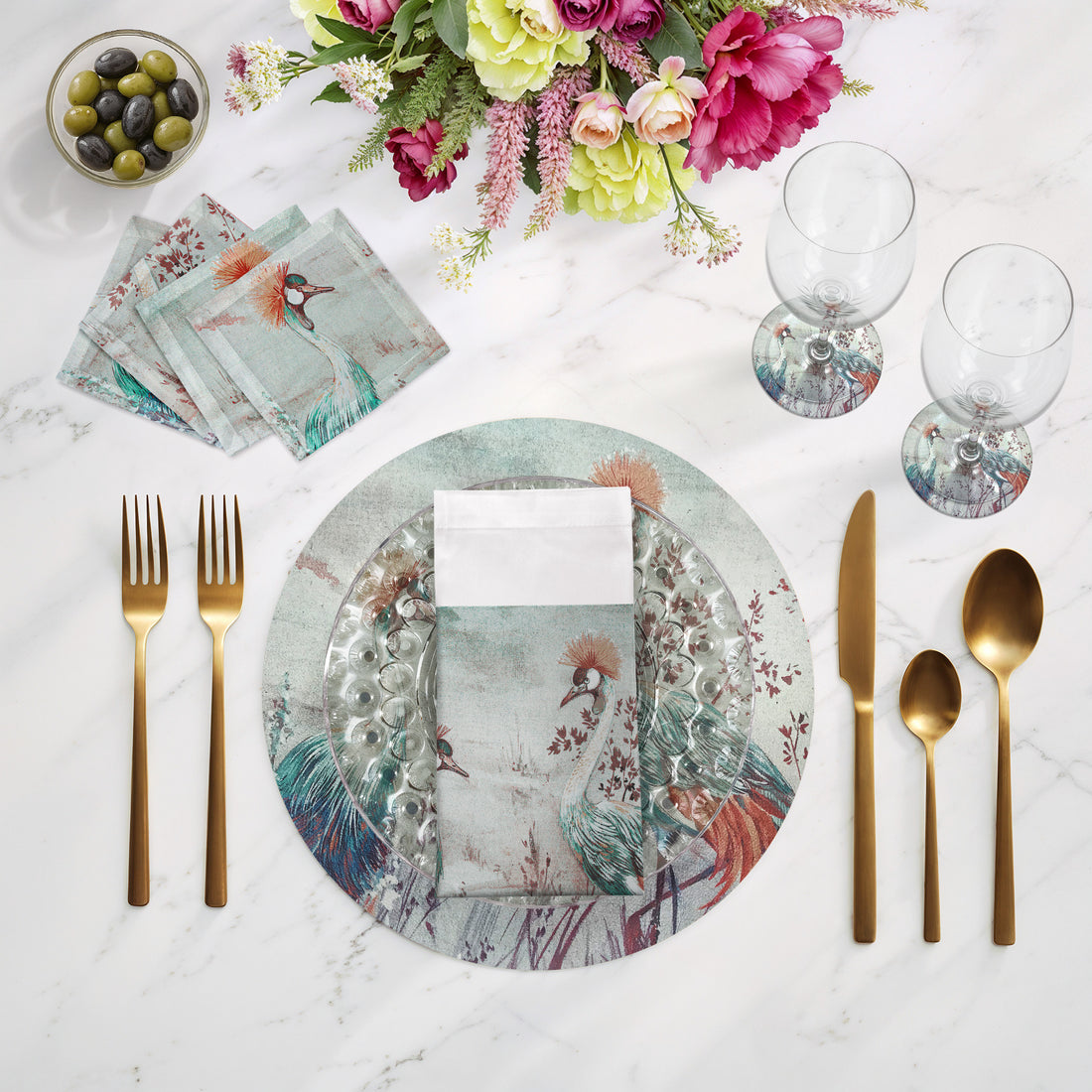 Crested Crane Turquoise Red Vegan Leather Round Pebble Placemat - nicolettemayer.com