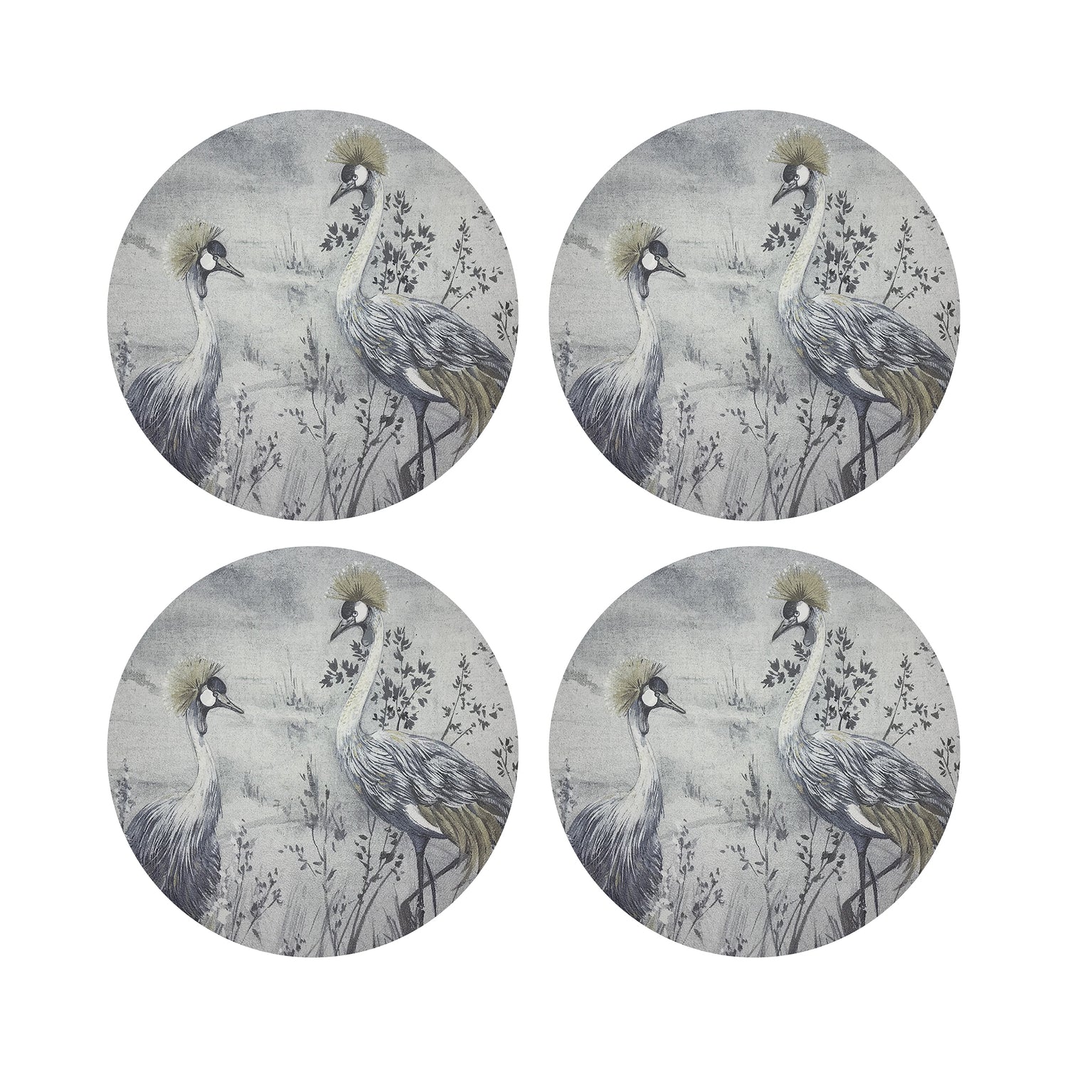 Crested Crane Silver Gold 16&quot; Round Pebble Placemats, Set of 4 - nicolettemayer.com

