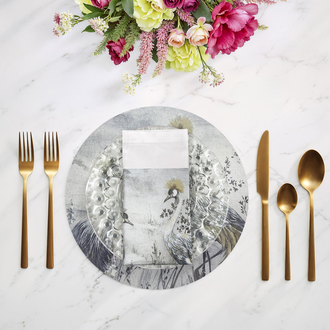 CRESTED CRANE SILVER GOLD 22"X22" HEMSTITCH DINNER NAPKIN, SET OF 4 - nicolettemayer.com