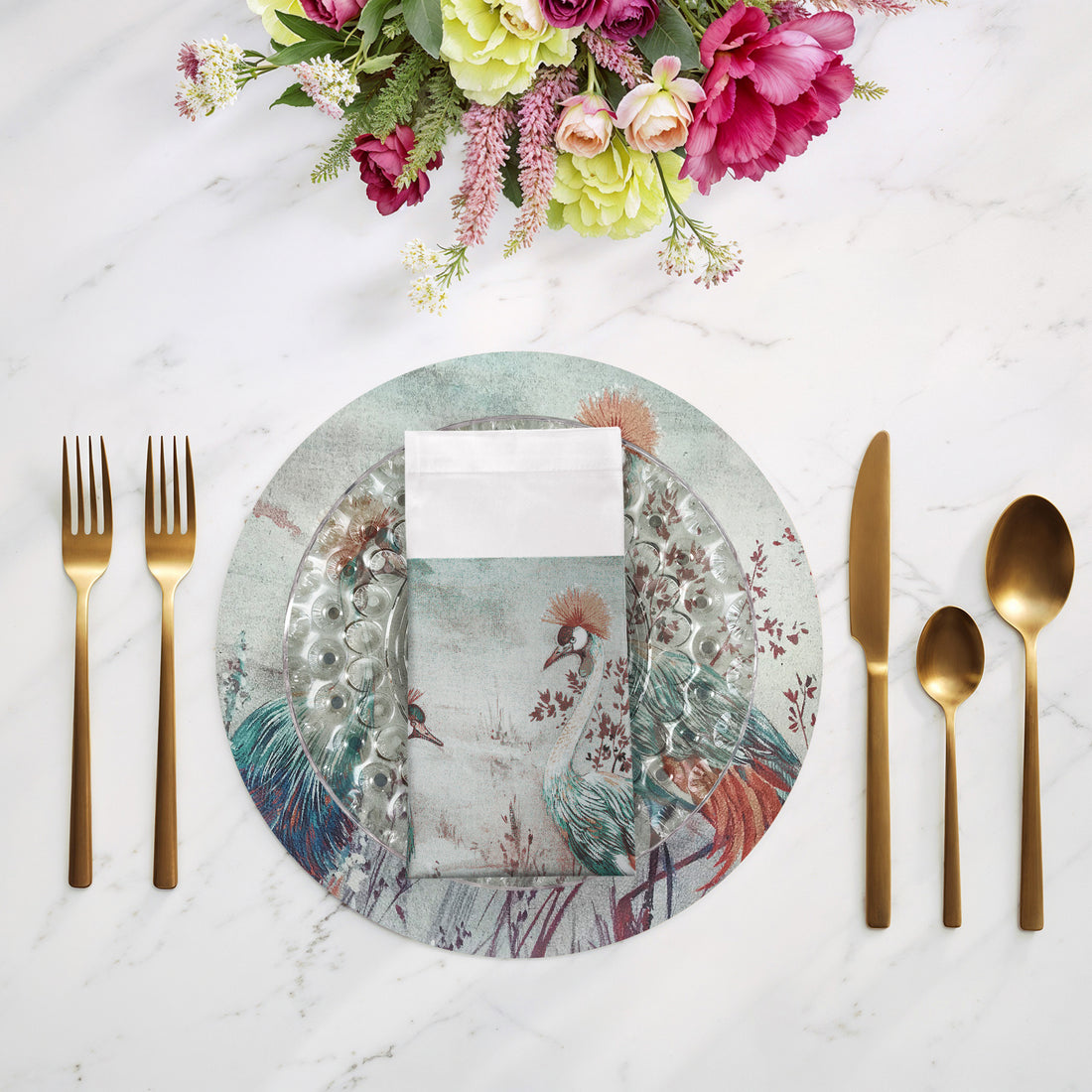 CRESTED CRANE TURQUOISE RED 22"X22" HEMSTITCH DINNER NAPKIN, SET OF 4 - nicolettemayer.com