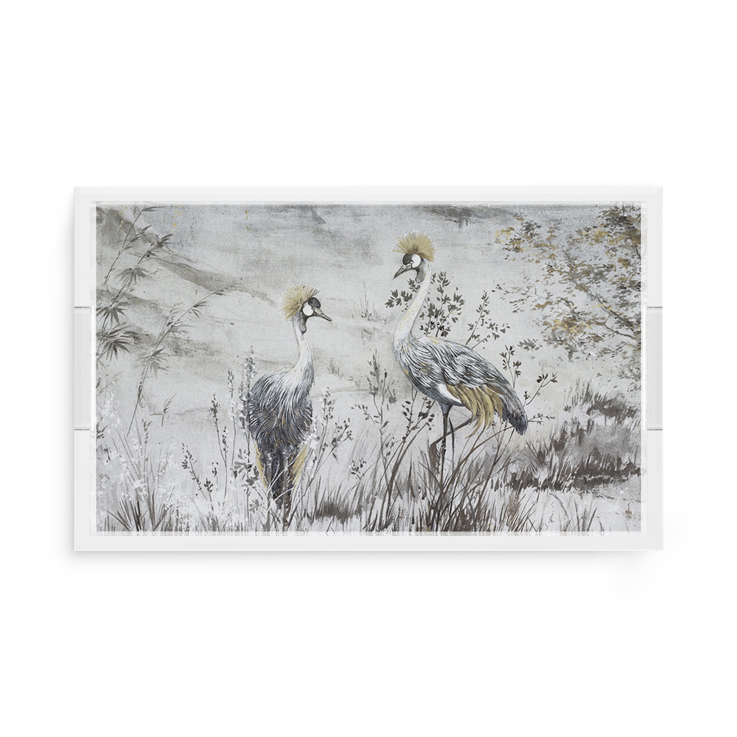 Crested Crane Silver Gold 17X10.5 Acrylic Tray - nicolettemayer.com
