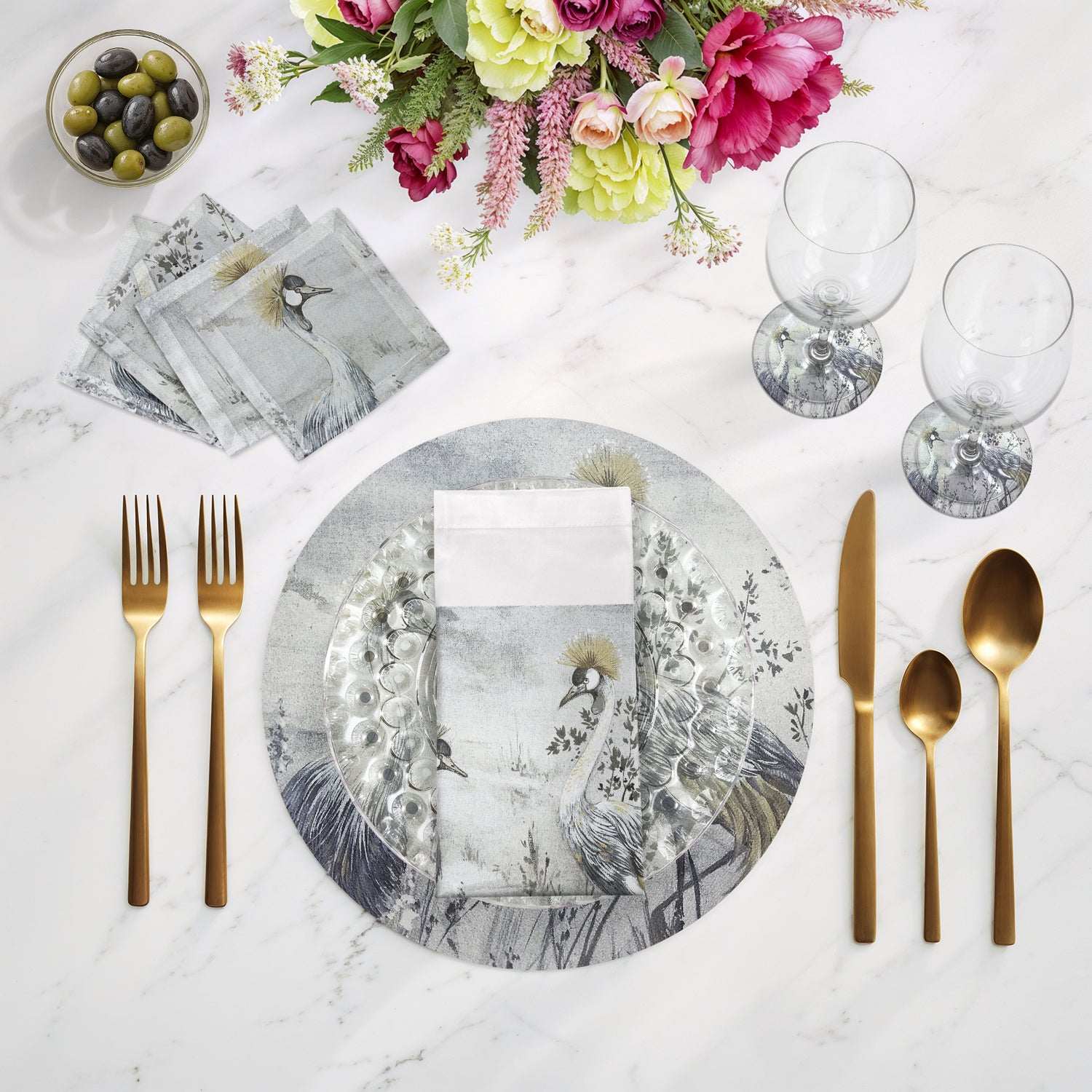 Crested Crane Silver Gold Cotton Sateen Dinner Napkins - nicolettemayer.com