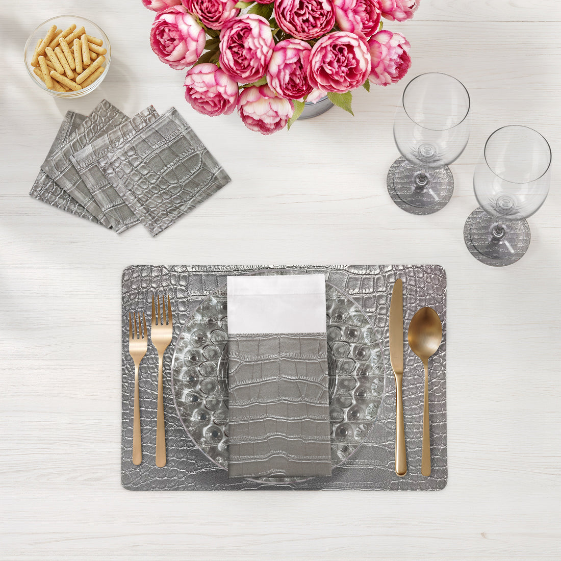 Lot de 4 sets de table rectangulaires Crocodile Silver 17,5