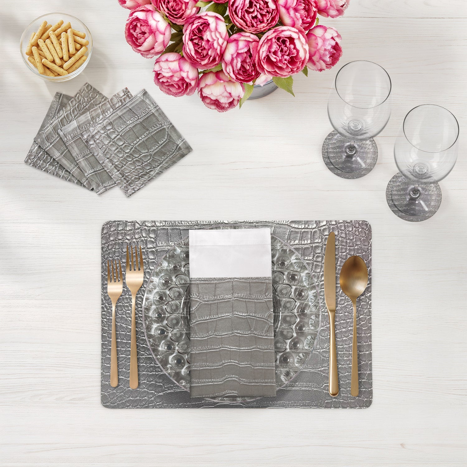 Crocodile Silver Vegan Leather Rectangle Pebble Placemat
