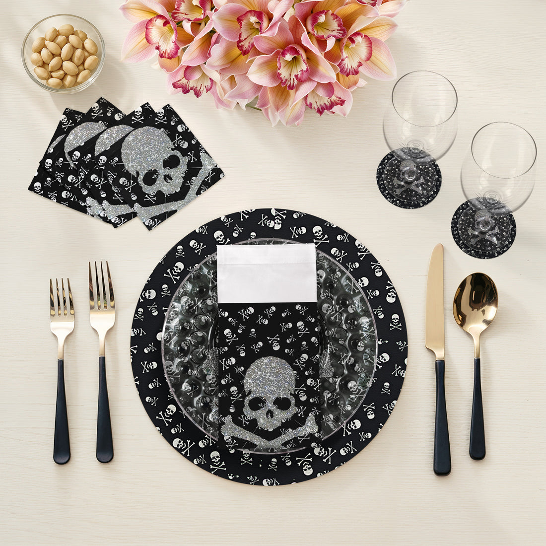 Crossbones Tischset, groß, schwarz, rund, Kieselsteine, 40,6 cm, 4er-Set