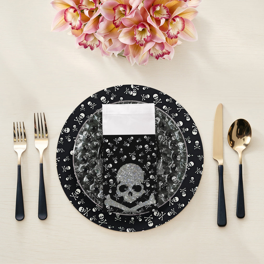 Crossbones Large Black Cotton Sateen Dinner Napkins - nicolettemayer.com