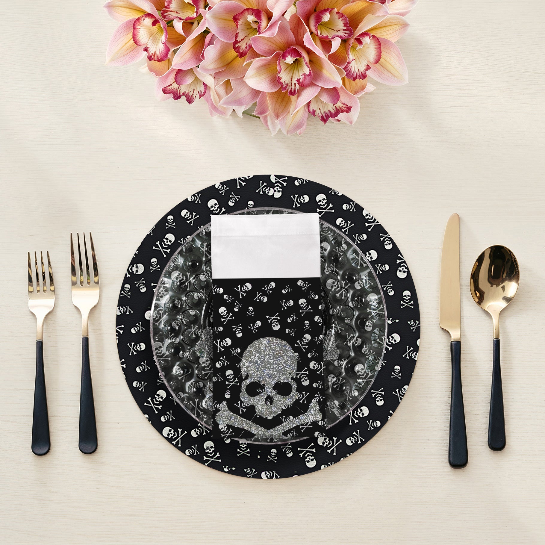 Crossbones Large Black Cotton Sateen Dinner Napkins - nicolettemayer.com