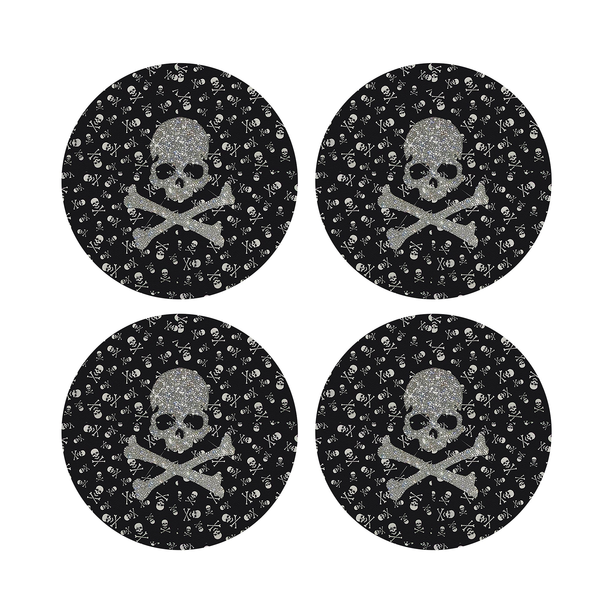 Crossbones Large Black Vegan Leather Round Coasters