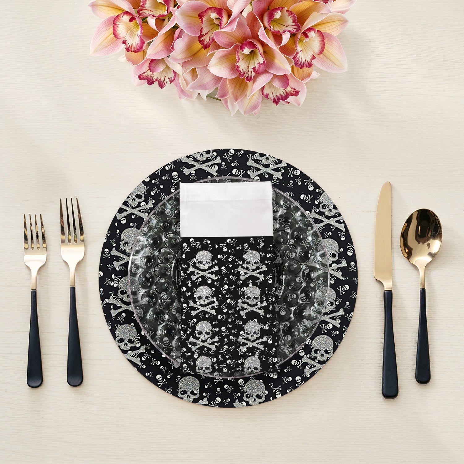 Crossbones Small Black Cotton Sateen Dinner Napkins - nicolettemayer.com
