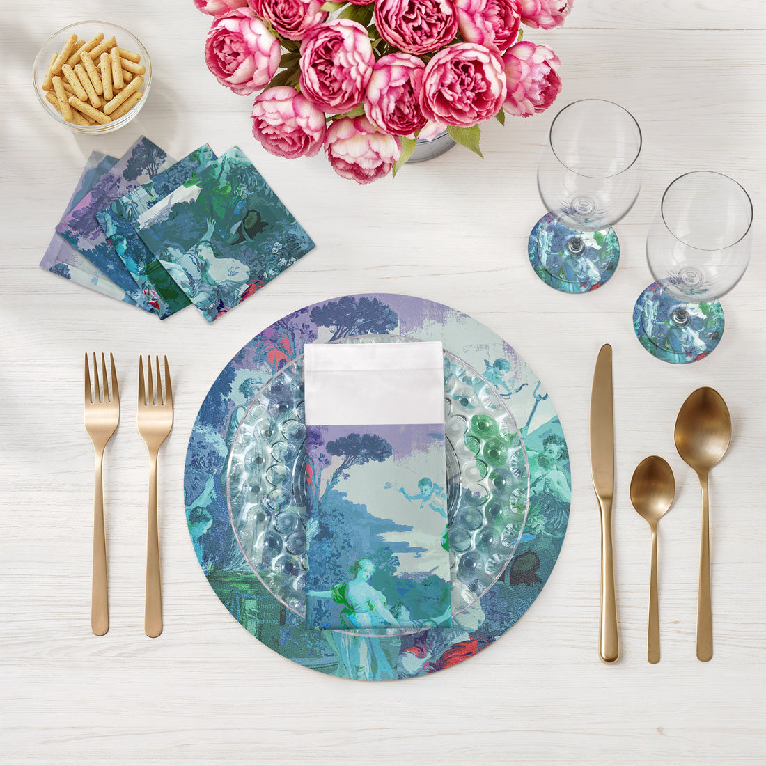 Lot de 4 sets de table ronds Cyprus Picnic, cyan, motif galets, 16 pièces
