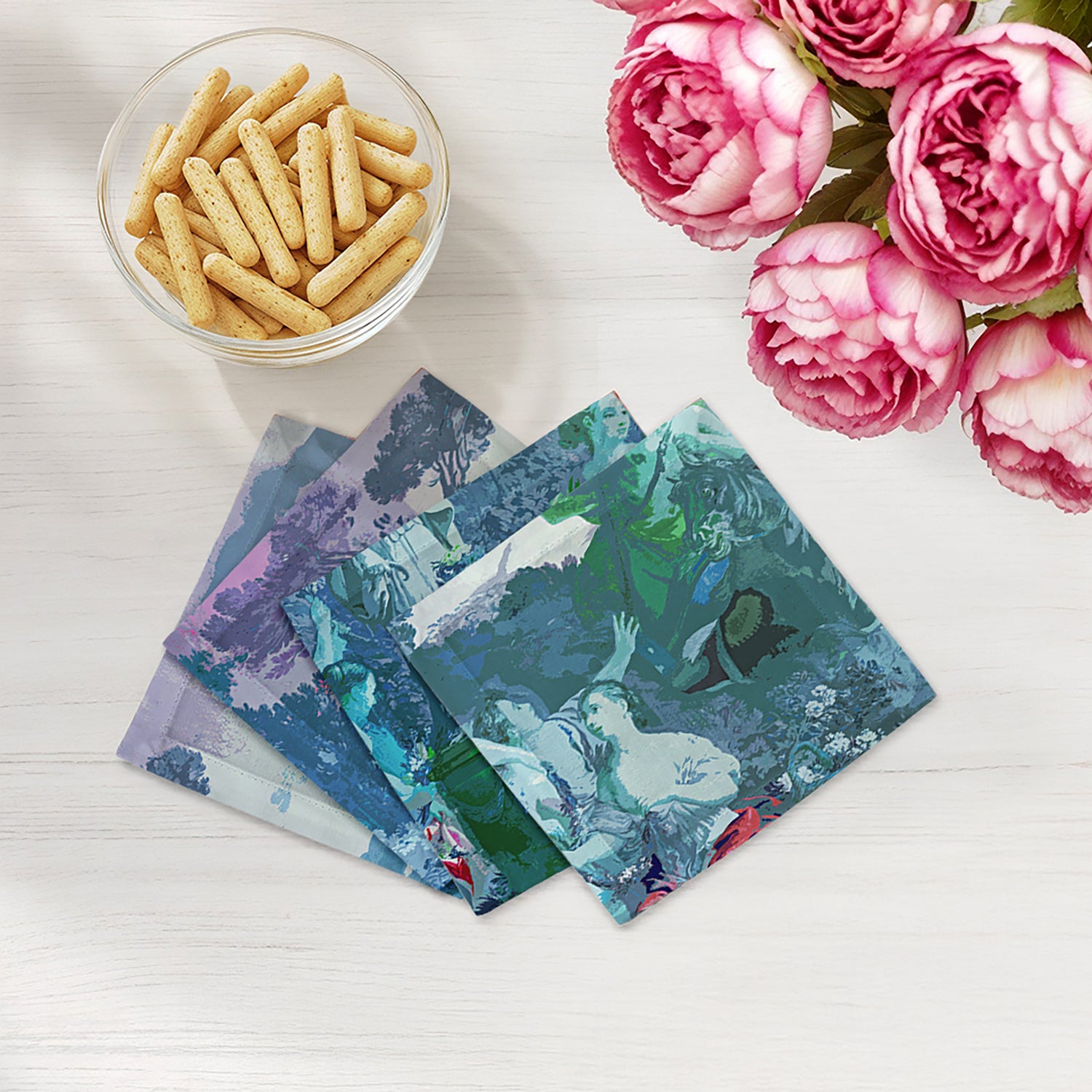 CYPRUS PICNIC CYAN 6"X6" HEMSTITCH COCKTAIL NAPKINS, SET OF 4 - nicolettemayer.com