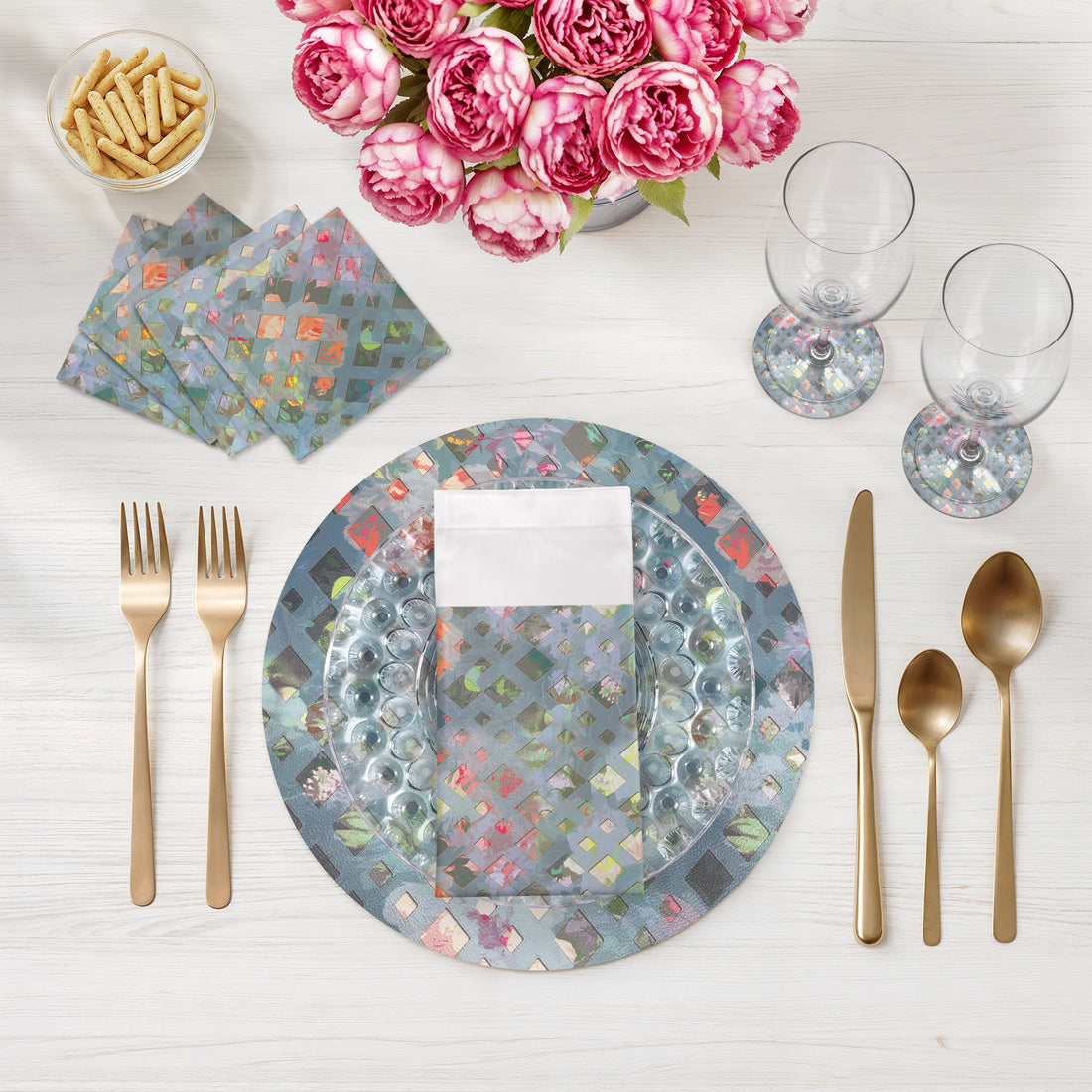 Defosse Trellis Perlblau Vegan Leather Round Pebble Placemat