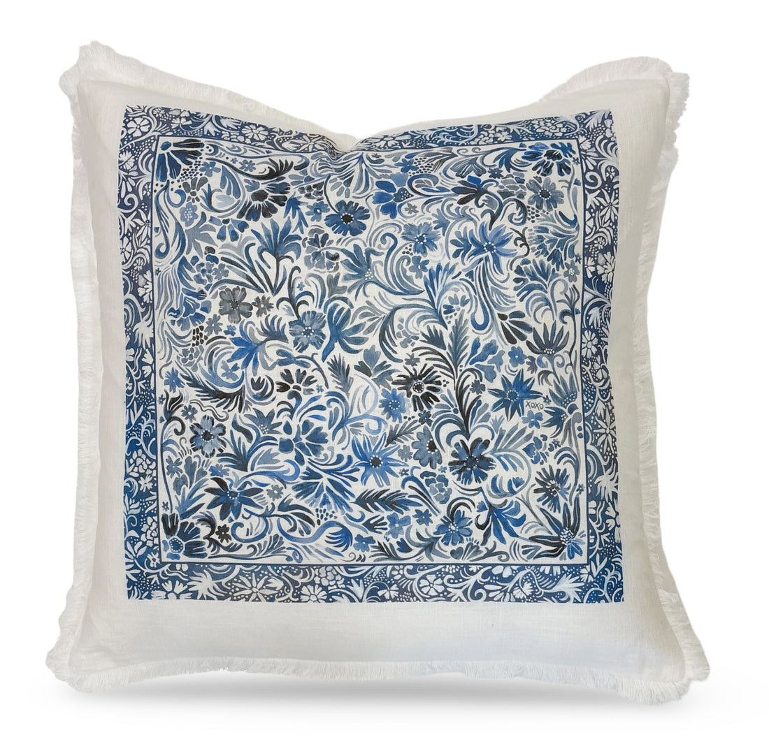 Denim Flowers XOXO 22x22 White Fringe Pillow