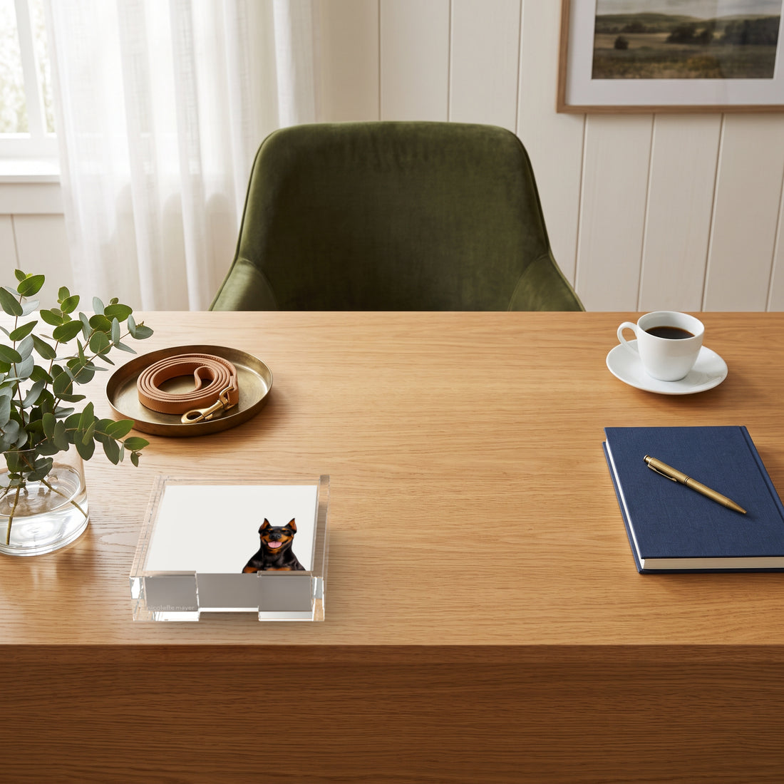 Doberman dog note cards in a clear acrylic holder on an oak desk, by Nicolette Mayer