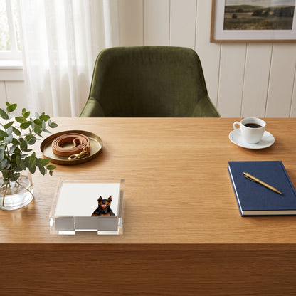 Doberman dog note cards in a clear acrylic holder on an oak desk, by Nicolette Mayer