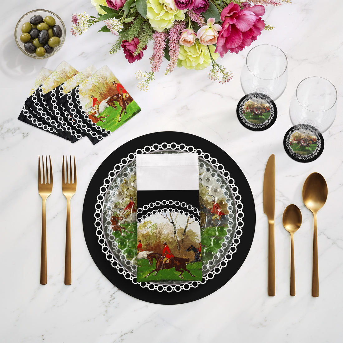 Ensemble de 4 sets de table ronds en galets noirs de 40 cm, motif English Hunting