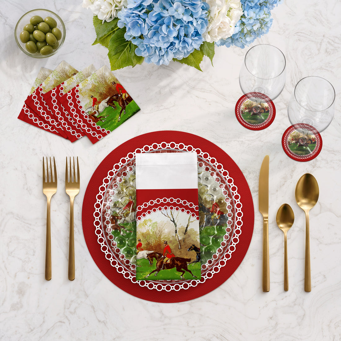 Ensemble de 4 sets de table ronds en galets de 40 cm, motif chasse anglaise rouge