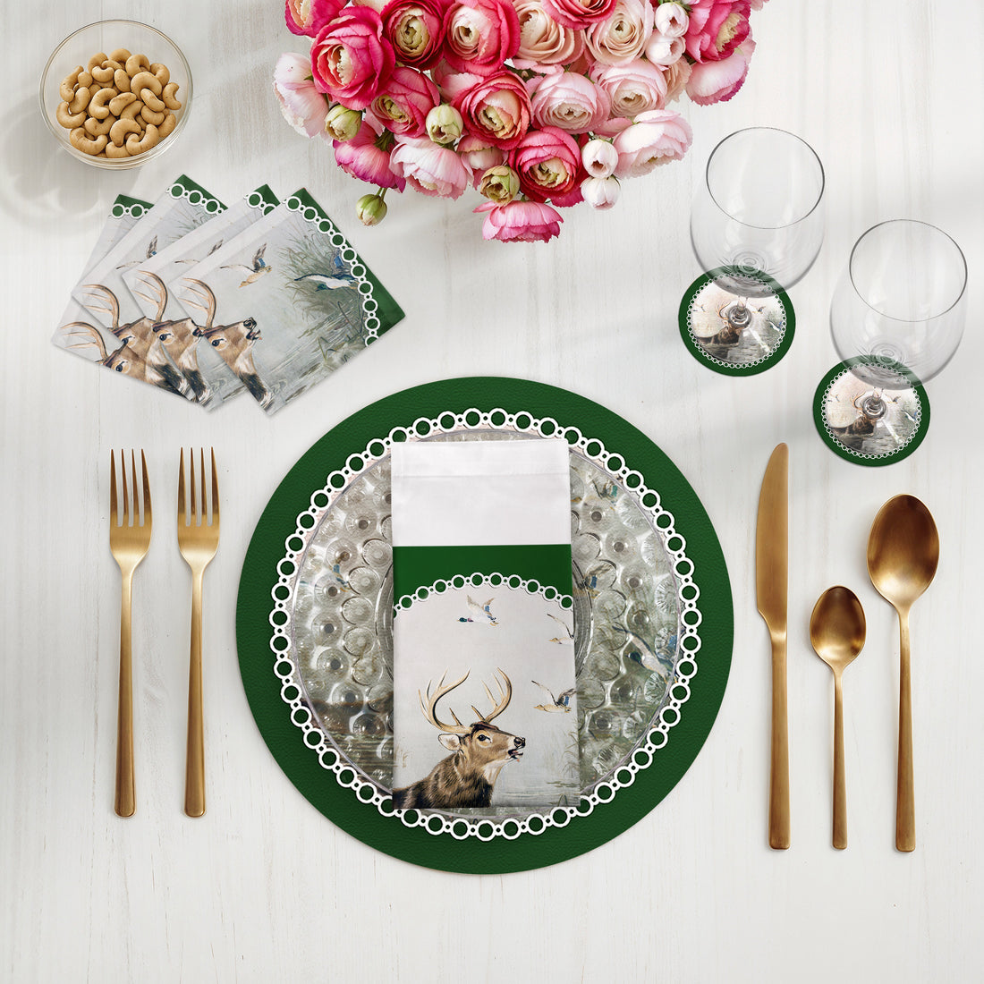 English Stag Green Vegan Leather Round Pebble Placemat