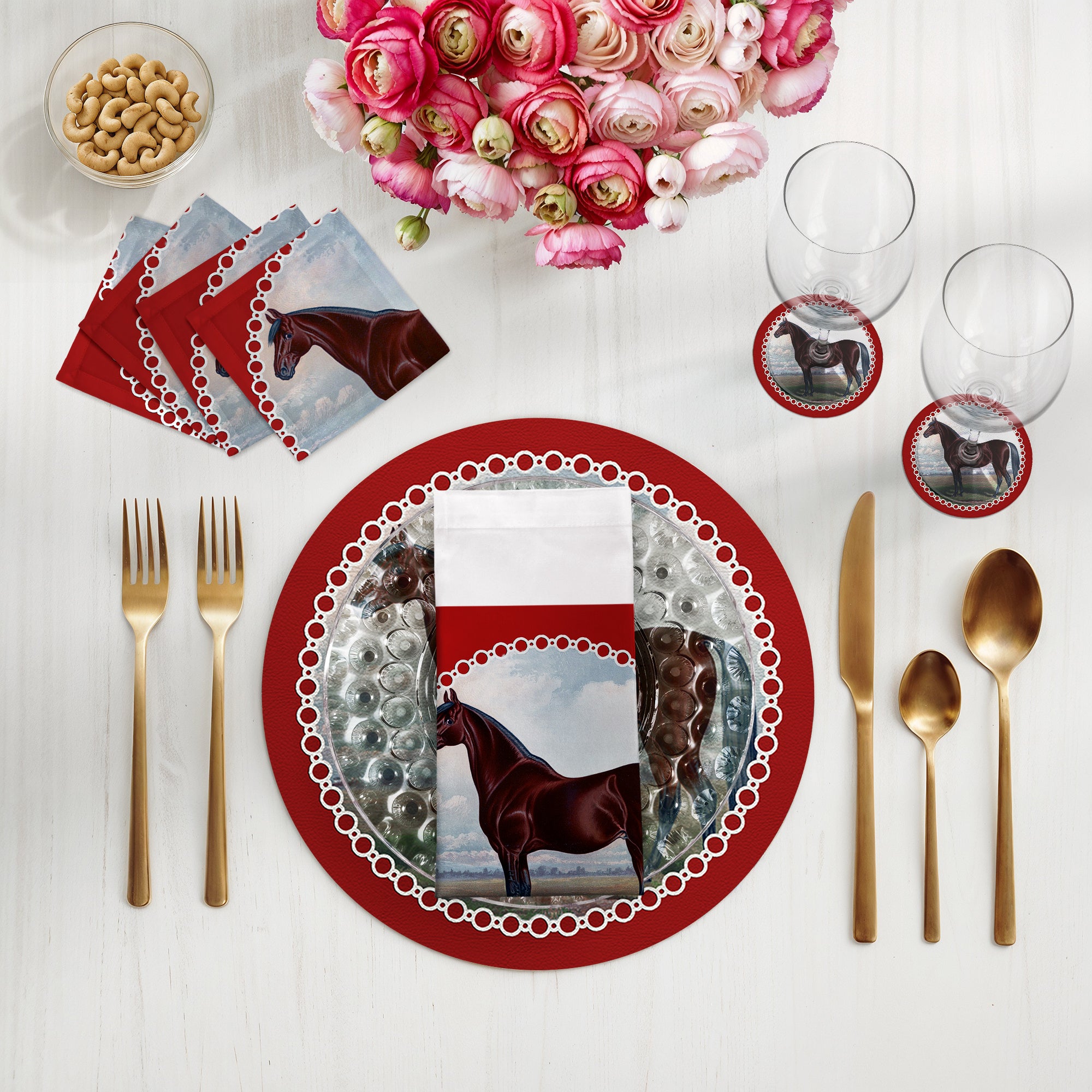 English Thoroghbred Red Vegan Leather Round Pebble Placemat