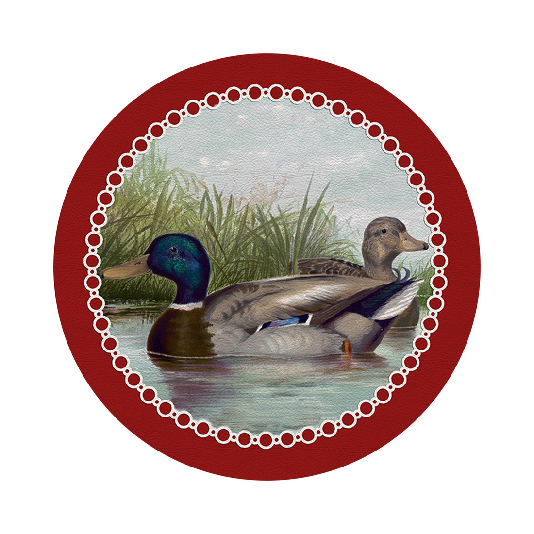 English Duck Pond Red Vegan Leather Round Pebble Placemat