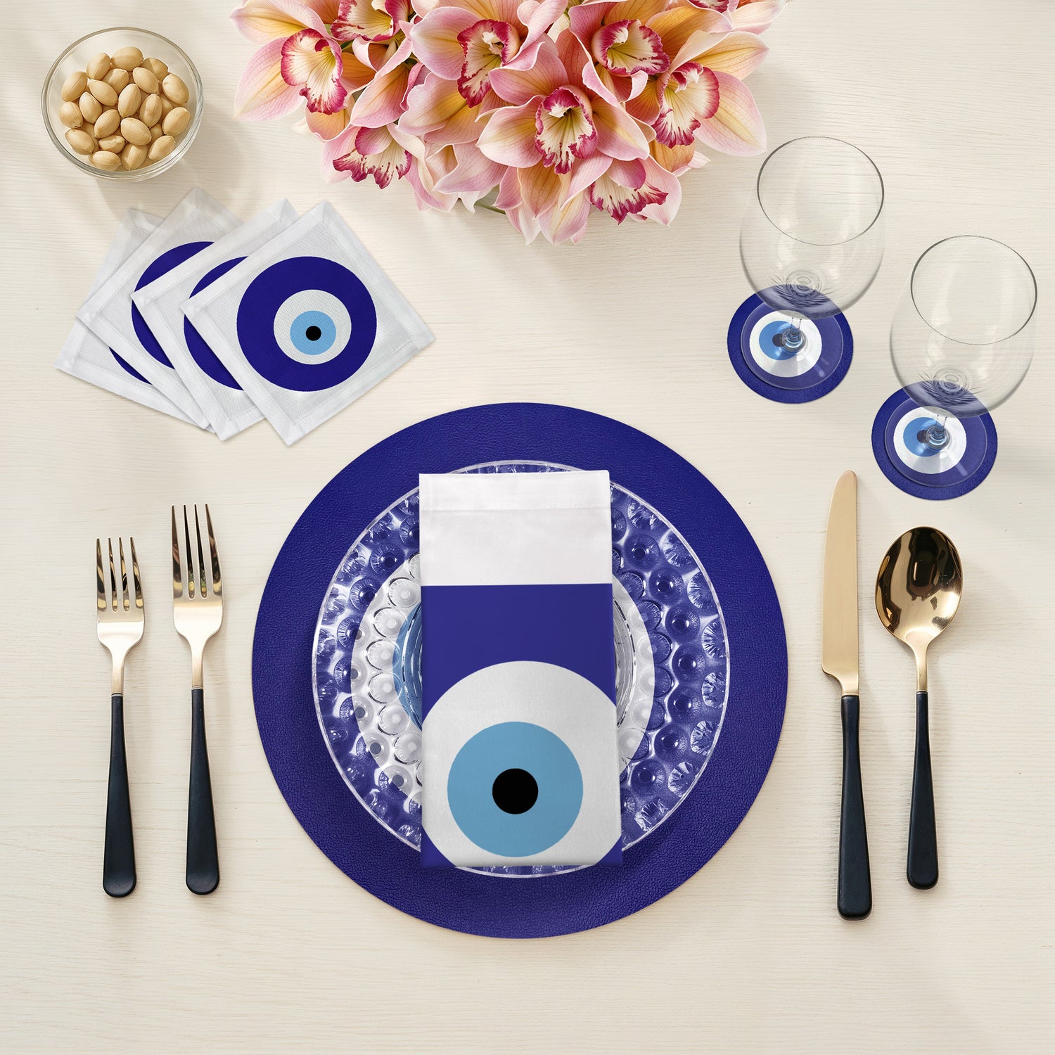 Evil Eye White Vegan Leather Round Coasters