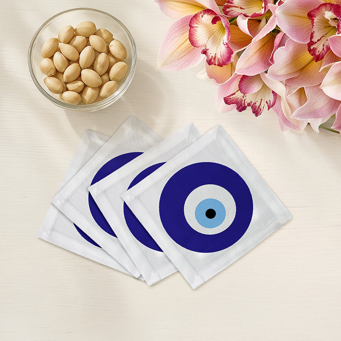 EVIL EYE WHITE 6"X6" HEMSTITCH COCKTAIL NAPKINS, SET OF 4 - nicolettemayer.com