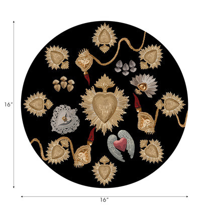 Ex Vote Sacred Hearts Black Vegan Leather Round Pebble Placemat