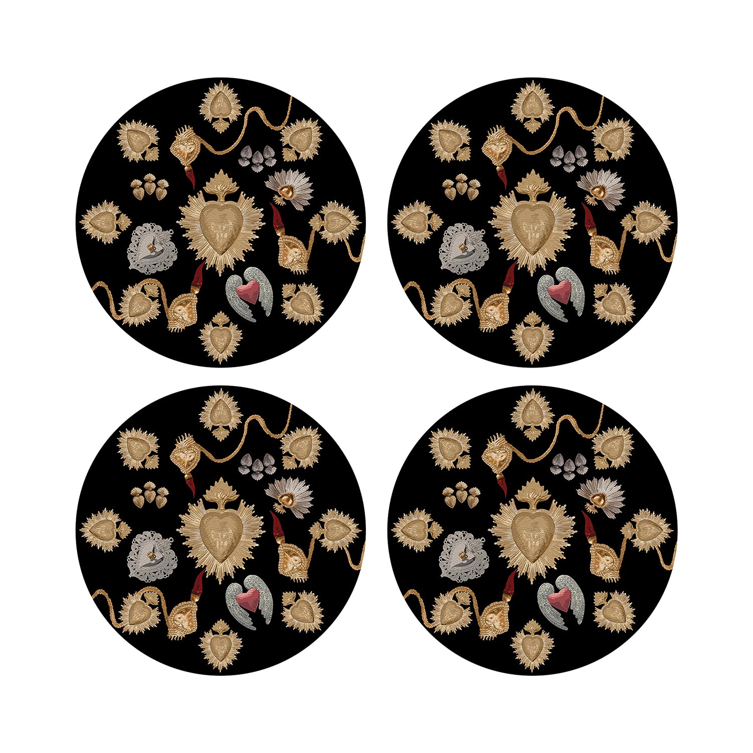 Ex Vote Sacred Hearts Black 16&quot; Round Pebble Placemats, Set of 4 - nicolettemayer.com

