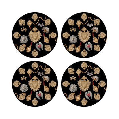 Ex Vote Sacred Hearts Black 16&quot; Round Pebble Placemats, Set of 4 - nicolettemayer.com
