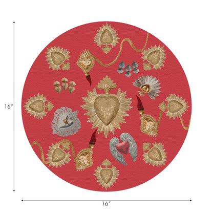 Ex Vote Sacred Hearts Crimson Vegan Leather Round Pebble Placemat